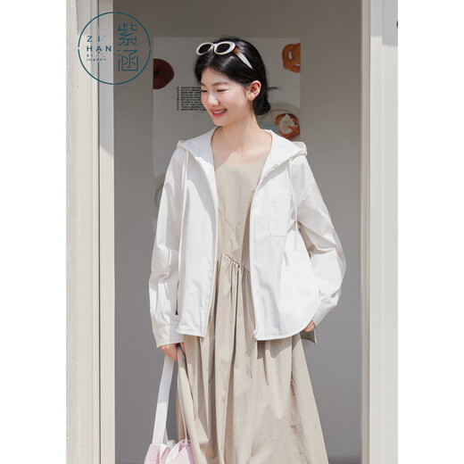 紫涵（ZIHAN）紫涵连帽宽松外套女2025年秋季新款简约韩系通勤风松弛感拉链上衣 白色 S