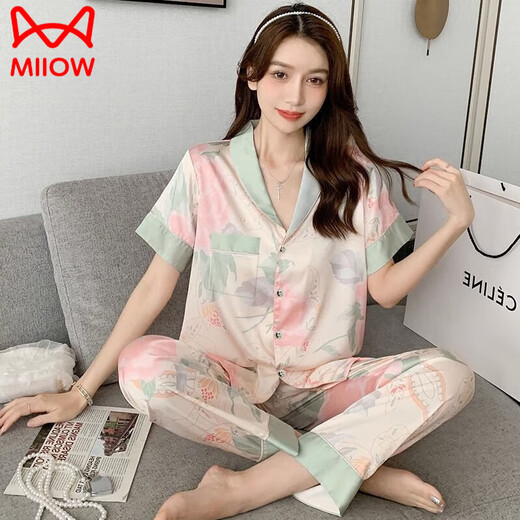 猫人（MiiOW）睡衣女2025春夏季新款感短袖长裤冰丝.绸名媛宽松家居服套装 感轻奢睡衣YFY-9905 M 【建议80-斤】