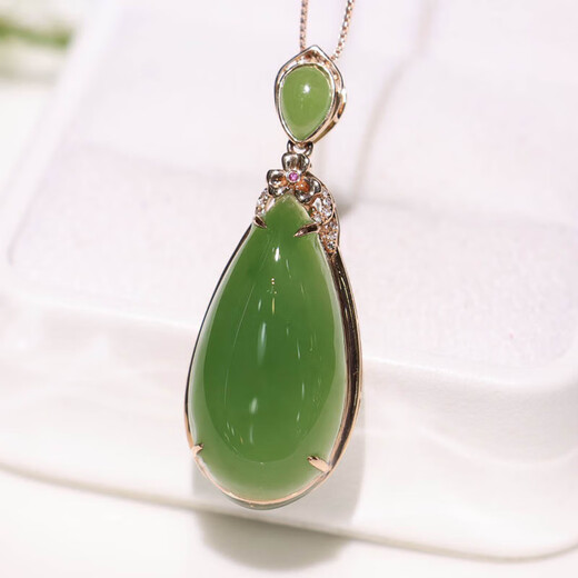 Micro-gift fashion trend Hotan pendant for women A-grade spinach green jasper water drop inlaid 18k gold necklace for mother Spinach green jasper water drop inlaid 18k gold pendant 13*25