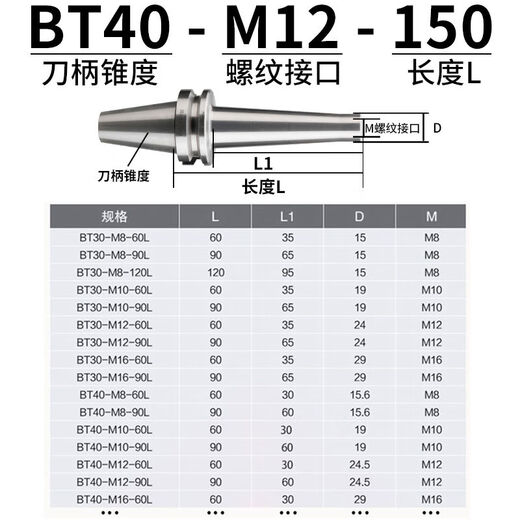 
Tooth handle CNC CNC high-precision replaceable tooth handle head anti-shock handle bar BT304050 BT50M12200 Effective length 165 connection aperture M12