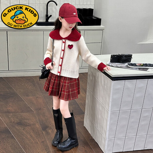 G.duck Girls Autumn and Winter Skirt New Year Suit 2026 New Children's Pleated Skirt Girls Big Children College Style New Year Clothes Suit Rice Sweater + Red Skirt 150 cm