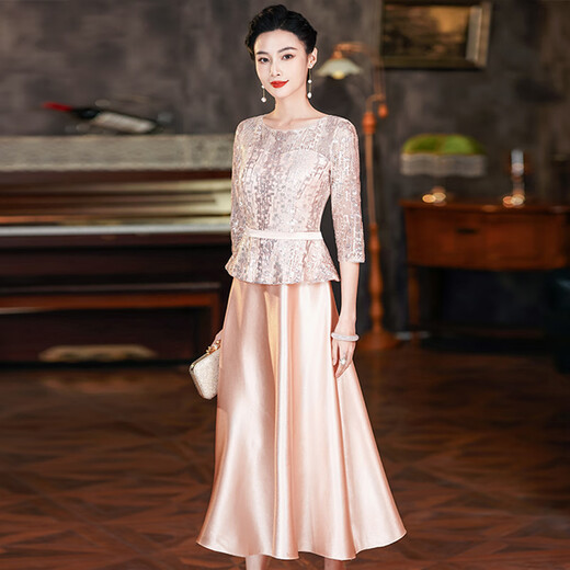 Hengyuanxiang champagne color happy mother-in-law wedding banquet dress 2025 summer new retro wedding noble young mother high-end dress champagne color M