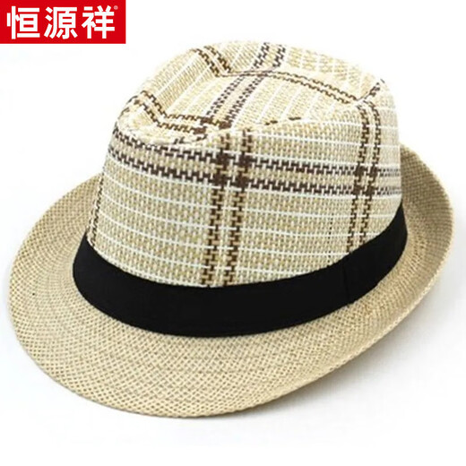 恒源祥男士帽子夏天短沿礼帽遮阳太阳帽透气凉帽中老年人户外绅士爵士帽 大方格米白 55-58CM