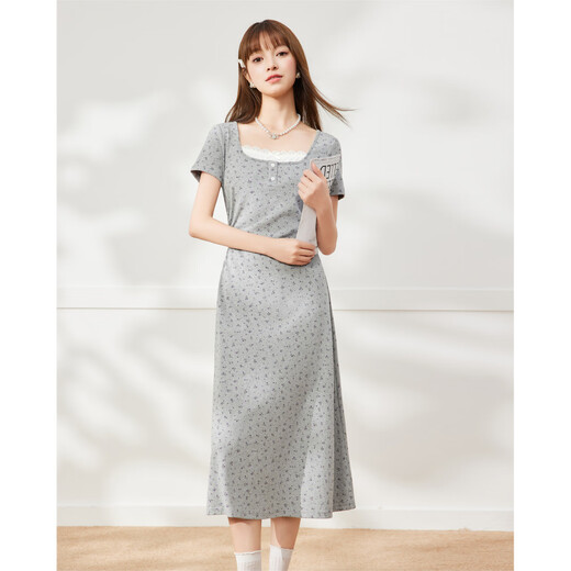 IEF/爱依服2025春夏新款蕾丝拼接时尚短袖连衣裙女甜美中长款裙子 满幅灰 L
