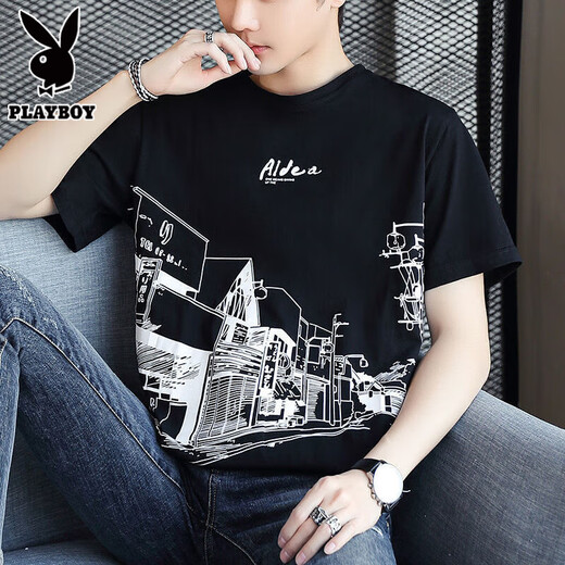 花花公子（PLAYBOY）纯棉短袖t恤男士2025新款半袖体恤衫宽松潮流夏季男装上衣服 Z829灰色 XL 【建议128-143斤】