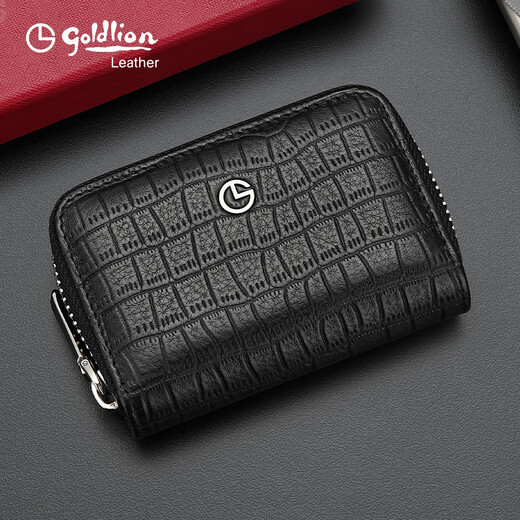Goldlion Carte Sac Moss Multi-carte Multi-carte en cuir authentique grande capacité Cowhide Small Mini Card Bank Card Card Card Coin Coin Coin Coin Clip Black