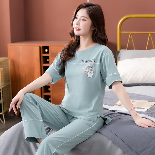 Yu Zhaolin (Yuzhaolin) Pajamas de algodón puro Summer de manga corta de manga de manga corta de manga de manga en casa 2025 nuevo set 7374 frijoles verdes M 80-100Jin [Jin equivale a 0.5 kg]