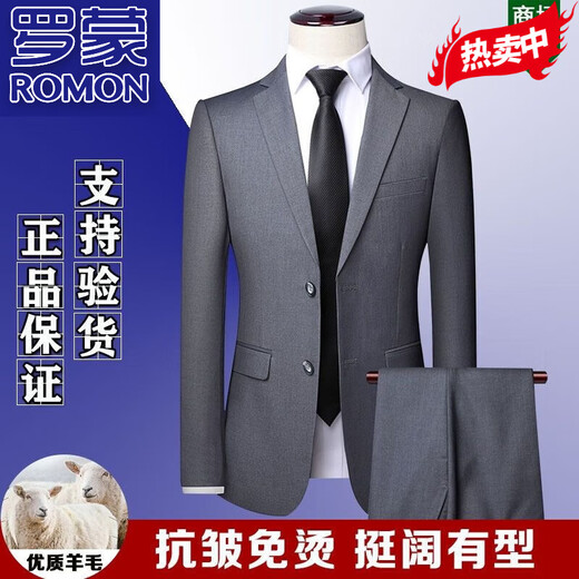 ROMON high-end wool suit suit for men, full set, no ironing, anti-wrinkle formal wear, business casual professional groom's suit three-piece set, navy blue clothes + pants S 46 size/165 Authenticity Guaranteed