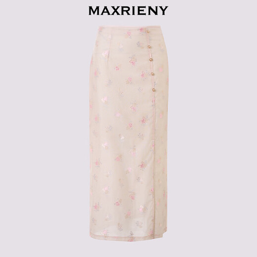 Maxrieny Chinese Retro bestickter Perlenrock 25 Sommer Schwerindustrie gesticktes Schlitzrock Elegantes Temperament rosa Blume S