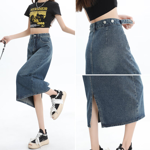 
Jean-Vis denim skirt for women 2025 summer new high-waisted slim slit a-line mid-length retro hip skirt for women 3878 retro blue S