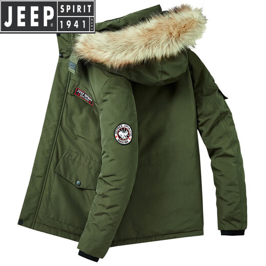 
JEEP SPIRIT winter new cotton coat for men thickened fashion handsome hooded cotton coat coat coat wool collar large size warm thick cotton coat military green XL