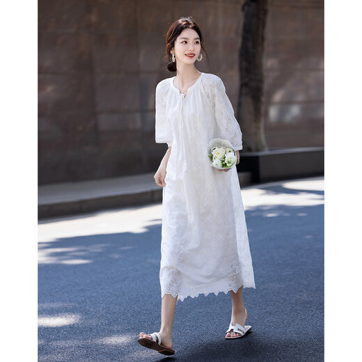 Demana [Fresh Pure Cotton] Spring and Autumn Water-soluble Lace Embroidered Tea Skirt Tassel Cotton Rope Ruffled Women's Dress