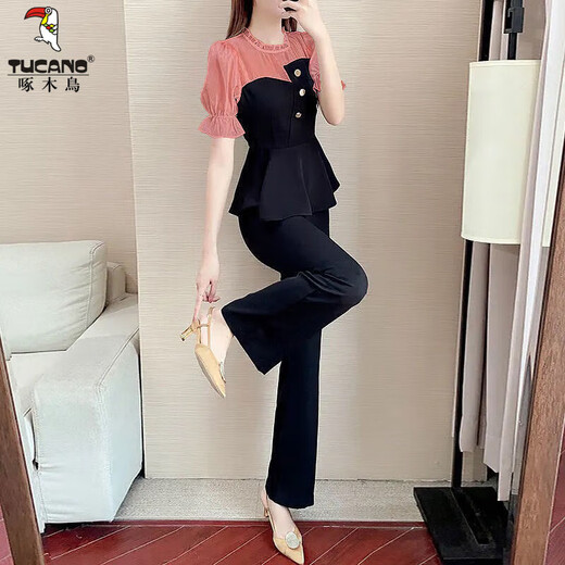 
Woodpecker 2025 new summer suit age-reducing chiffon splicing two-piece fashion celebrity temperament goddess style professional suit women fashion black top + pants two-piece set [short/sleeved] S S suggested 80-95Jin [Jin equals 0.5 kg]