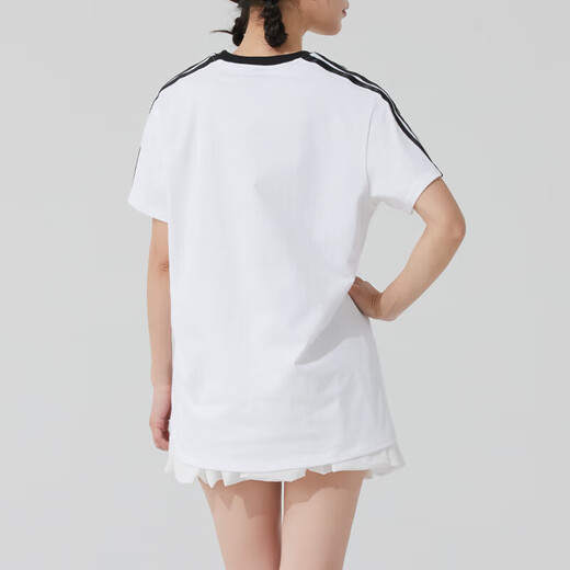 阿迪达斯 （adidas）女三条纹运动套装 夏季潮流时尚瑜伽跑步健身训练服舒适休闲衣裤 白色短袖T恤+黑色短裤/两件套 L