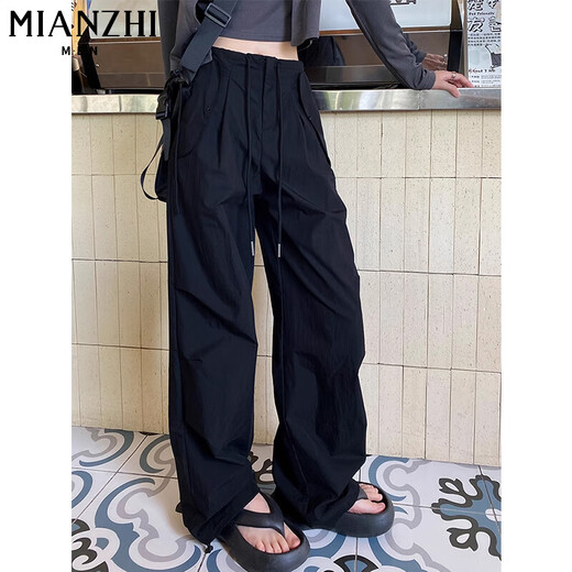 棉致美式冰丝速干工装休闲裤子女夏季薄款2025新款高腰显瘦运动阔腿裤 E688黑色【高品质30.5】 M 90-100斤