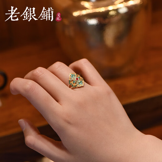 Wuyue Old Silver Shop Pure silver enamel ring Pure silver 9999 Qingwan ring National style sterling silver ring gold tracing ring Pure silver 9999 Qingwan ring opening adjustable