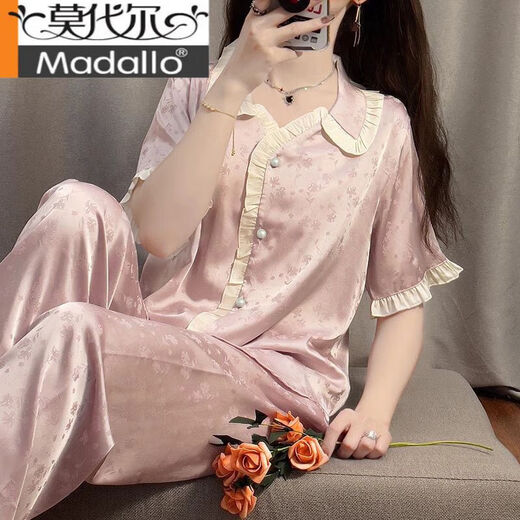 Modal Palace Style Pajamas for Women Summer Set Thin Cool Ice Silk Short Sleeve Trousers Purple Girl Jacquard Home Clothing YFY-9905 [Peach Short Sleeve Trousers] M [Suggested 80-100Jin [Jin equals 0.5 kg]]