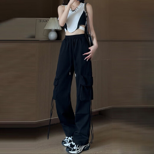 粉色工装裤女夏季薄2025新款高腰垂感降落伞速干休闲阔腿美式运动 蚂蚁-687【黑色】 M