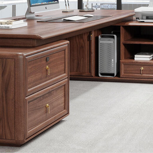 New Chinese style office desk solid wood boss table ebony wood executive desk modern light luxury general manager room decorative cabinet combination 2.2 meters boss table Gabon ebony wood