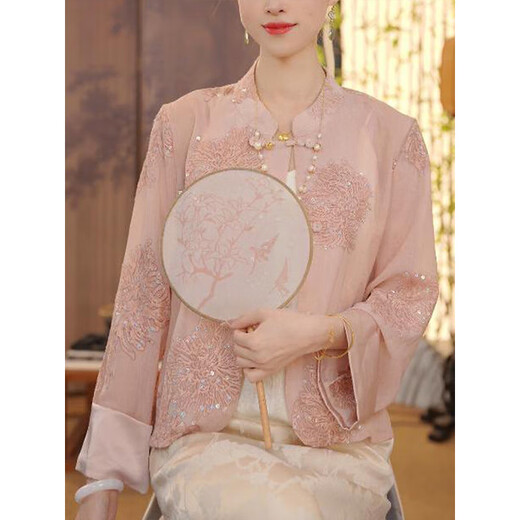 Hengyuanxiang Neues chinesisches Stil dünner Mantel Frühling und Sommer Neues modisches Sonnenschutz Temperament Vielseitige exquisite bequeme, atmungsaktive Top für Frauen pink Single Top m suggeriert 85jin [Jin ist gleich 0,5 kg] -115jin [Jin gleich 0,5 kg]