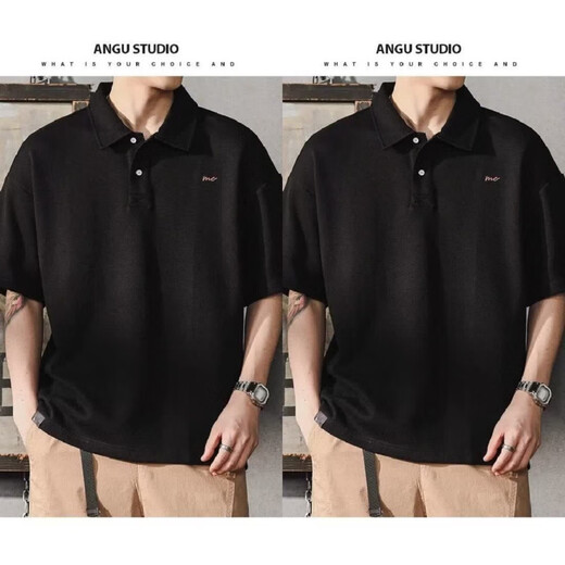 Camisa de solapa japonesa de UKUHPK Camisa de algodón de manga corta de manga corta y versátil Tendencia de cuello suelto G691 Black + Gray M [sugerido 90-110Jin [Jin iguala 0.5 kg]]]