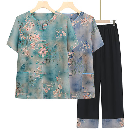 京功老年人衣服奶奶款70-80岁夏季短袖套装女妈妈衬衫两件 6626绿色(套装) 3XL [建议115-130斤]
