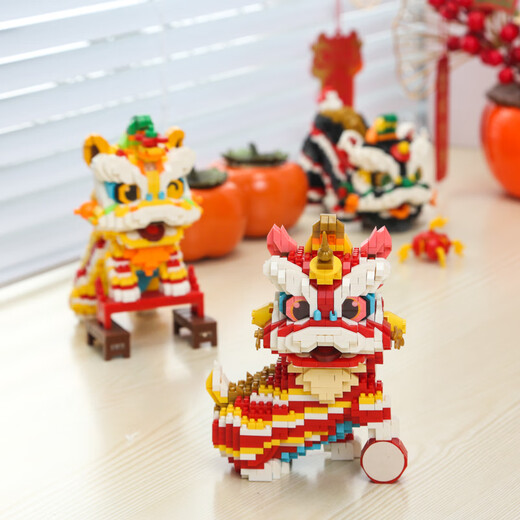 砚玺新年系列拼装图插积木玩具摆件中国风舞醒狮小颗粒男女孩蛇年礼物 绿色 9272 洋洋得意