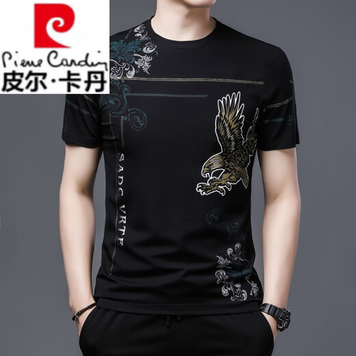 皮尔卡丹（pierre cardin）高端中国风老虎头潮流男士短袖T恤时尚印花大码男打底衫半袖宽松 829黑色字母 M 建议100-115斤内