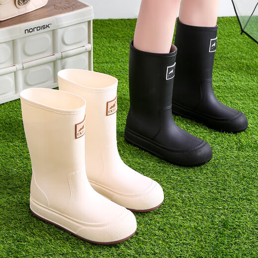 Bottes de pluie à la mode pour femmes, chaussures imperméables antidérapantes mi-mollet avec velours, bottes de pluie chaudes pour le travail de cuisine, chaussures en caoutchouc quatre saisons, surchaussures, bottes d'eau, blanches, sans velours 37