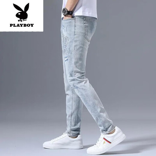 花花公子（PLAYBOY）夏季弹力牛仔裤男士破洞刺绣潮流修身小脚浅色百搭长裤子新品 浅蓝色3890皇冠破洞裤 29 【建议100-110斤】