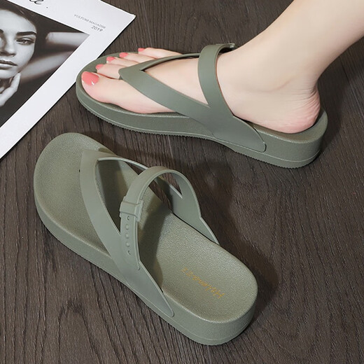回力君坡跟人字拖女夏外穿时尚网红厚底小香风沙滩鞋防滑软底夹脚凉拖鞋 绿色 (3883-23) 36