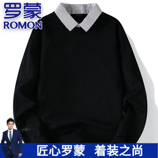 罗蒙（ROMON）高端假两件套头毛衣男士春秋款时尚休闲商务衬衫领打底上衣针织衫 黑色【假两件针织衫】 2XL