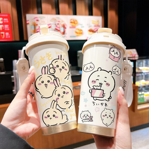 乌萨奇水杯保温杯乌萨奇保温杯学生女款带吸管大容量车载水杯 BXAB10975吉伊咔哇 520ML配挂绳蓝白色彩绘打印