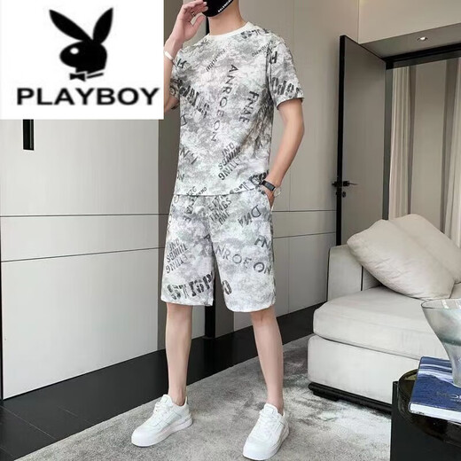 花花公子（PLAYBOY）纯棉2023新款冰丝短袖T恤套装男士休闲运动两件套男装宽松夏季潮 671灰色套装 M 80斤-110斤