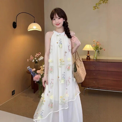 
Niche design halter neck dress for women 2025 new spring and summer three-dimensional floral skirt loose slim long skirt 9898# white, single size