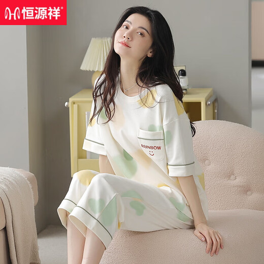 恒源祥睡衣女士夏季纯棉短袖七分裤可外穿甜美休闲全棉女款家居服可外穿 9855无胸垫 【纯棉】 M 建议80-100斤穿