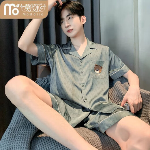 莫代尔短袖男士睡衣冰丝2025新款春夏秋季青少年学生仿真丝绸家居服套装 冰丝6627 XL (建议身高175左右，体重130