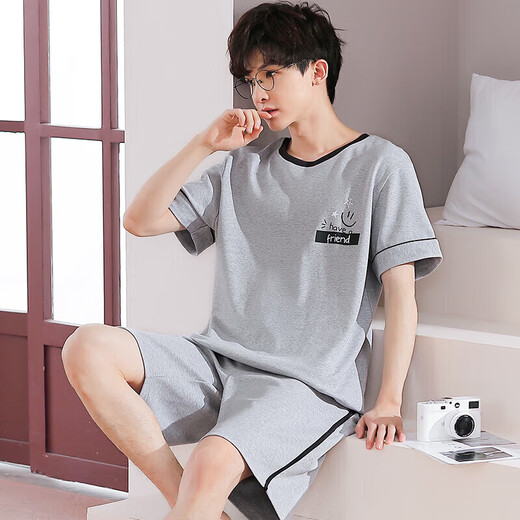 Hailan Summer Pure Cotton Men's Thin Shorts Pajamas Summer Loose Short Sleeve Two-Piece Set Youth Card H9928 (Short Sleeve Shorts) 3XL XXXL (160-18e Recommended