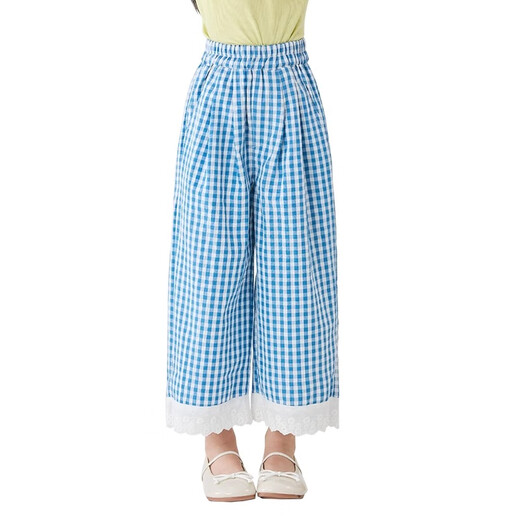 
moonkids girls wide-leg pants 2025 summer thin plaid cropped pants children's lace lace pants summer new fashionable two-pair [15295 blue + 15266 blue] 150 cm