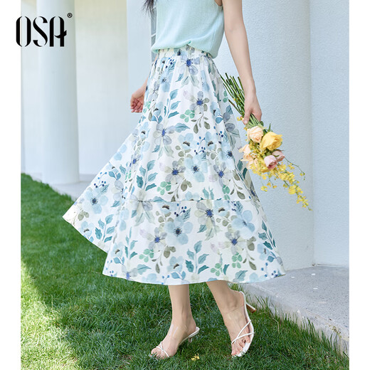 欧莎（OSA）度假风植物印花半身裙女2025年夏新款气质显瘦度假A字裙小个子 白底蓝花 XL