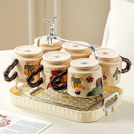 Greedy Chef Good-looking Hospitality Cup Set Home Living Room Tea Cup Tea Set Set Moving to New Home Cup Drinking Cup Set Flower Set 6 Cups + 6 Cup Holders + Drain Tray