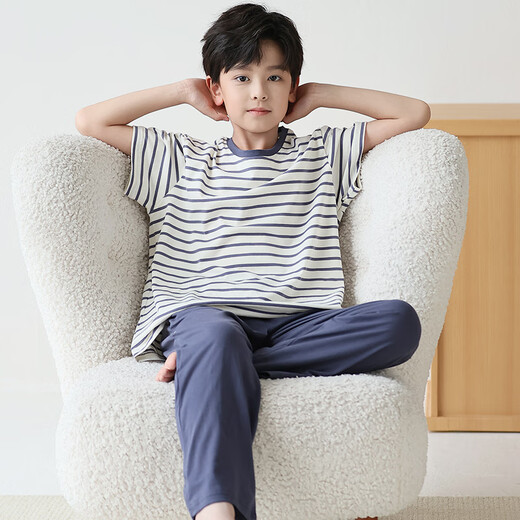 曼妮朵儿童睡衣男孩大童夏季薄款短袖长裤空调服青少年男童纯棉家居服 F728【短长】 185 加大版XXL码【体重155-180】