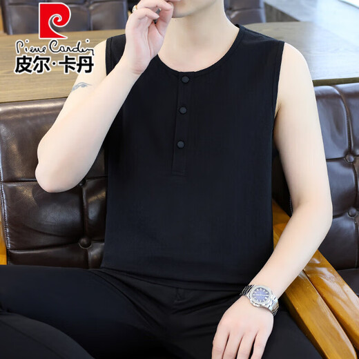 
Pier Cardan linen vest men's summer thin round neck solid color breathable cool cotton linen sleeveless T-shirt slim casual vest men 9896 khaki XL 130-150Jin [Jin equals 0.5 kg]