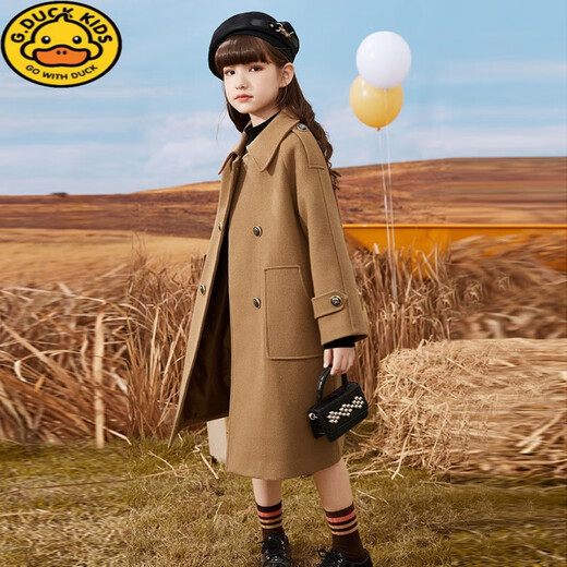 G.DUCKKIDS女童呢子外套加棉儿童毛呢大衣中长款秋冬新款大童洋气女孩学院风 奶茶色夹棉款 120 身高110-115cm年龄5-6岁