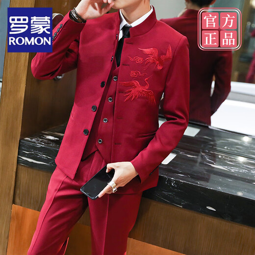 罗蒙（ROMON）男士西装套装中国风潮流中山装修身帅气西服一套结婚青年立领外套 酒红色单件上衣+领带 M