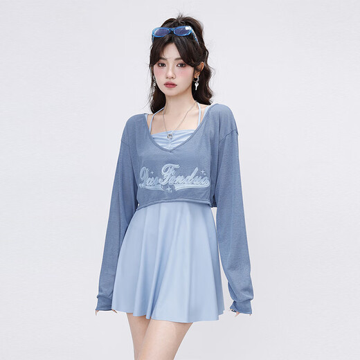 Bai Qixin women's swimsuit one-piece blouse three-piece set covers belly, arms, slimming and small breasts, Korean ins style hot spring blue swim skirt three-piece set, one size fits all (recommended 80-120 Jin Jin is equal to 0.5 kg)