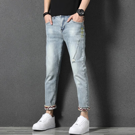 Jeep Spirit gesticktes Spleißen zerrissene lockige Jeans für Männer Sommer Neue schlanke und vielseitige hübsche lässige Hose für Männer 869 Hell Blue 31