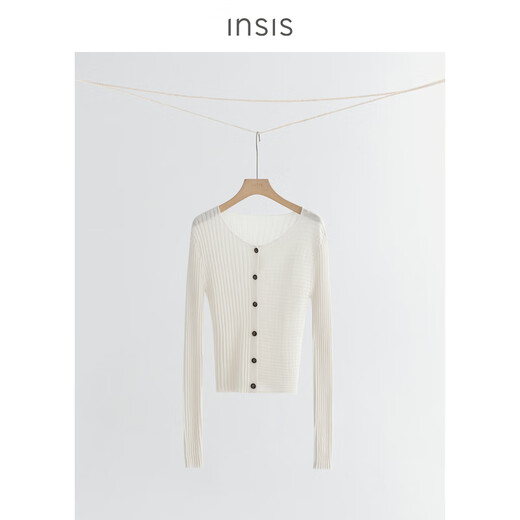 INSISFEMME Australian Merinosmile 2025 autumn wool round neck wool striped cardigan for women Greenland white L