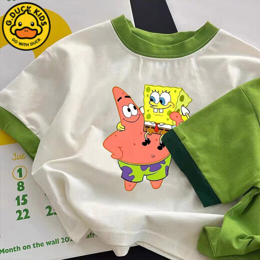 G.DUCKKIDS男童女童纯棉短袖T恤夏季新款卡通海绵宝宝半袖儿童洋气上衣t 673绿色【派大星抱 海绵宝宝】 130