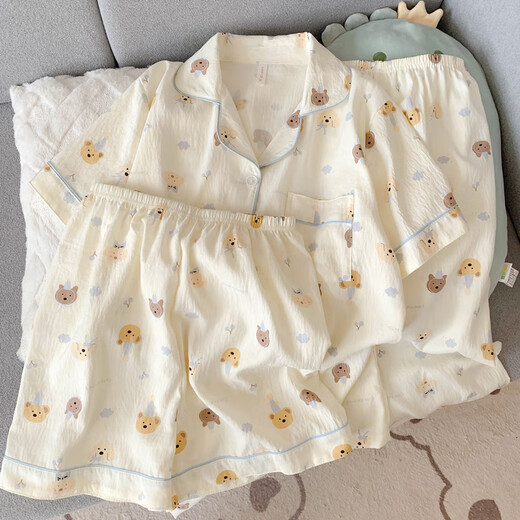 恒源祥纯棉纱布睡衣女短袖长裤春夏款三件套可爱小狗少女开衫家居服夏季 云朵棉-9902#星星KT猫三件套 M 【建议75-100斤】